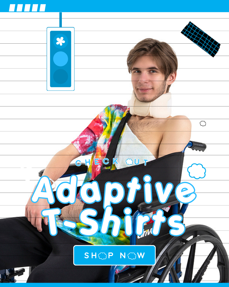 Man in wheelchair wearing colorful tie-dye adaptive shirt with arm exposed – designed for medical access and comfort.