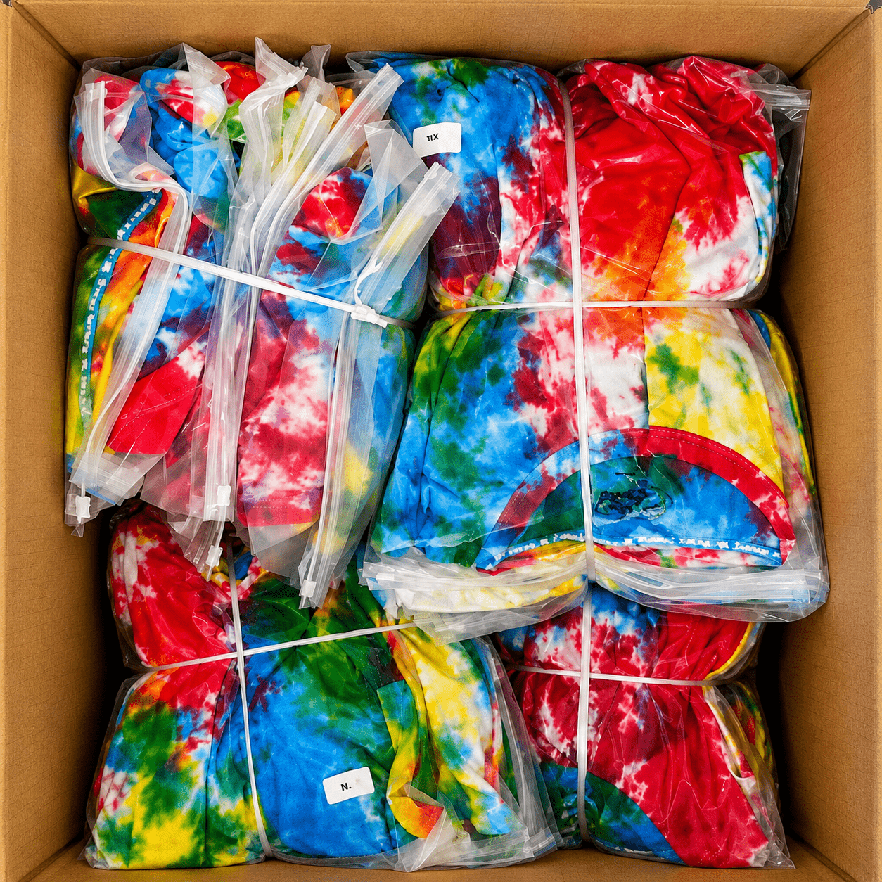 Box filled with tie-dye products in various colors